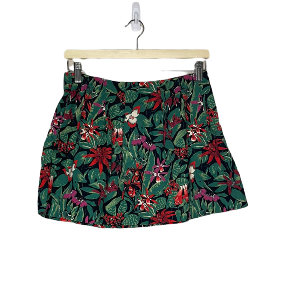 Zara Tropical Skirt Womens Medium M Black Green Print Pleated Back Zip Skater